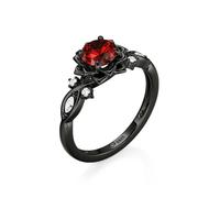 Jeulia Vintage Gothic Black Sterling Silver Ring Round Ruby Floral Ladies Ring Eternity Wedding Band for Women Promise Engagement Anniversary Valentine Halloween Jewelry withBox