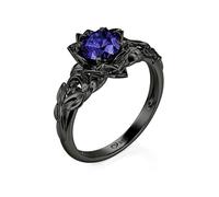 Jeulia Vintage Gothic Black Sterling Silver Ring Round Ruby Floral Ladies Ring Eternity Wedding Band for Women Promise Engagement Anniversary Valentine Halloween Jewelry withBox (Amethyst Purple, L-½)
