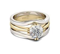 Jeulia Women 3.5 Carat Cubic Zirconia Engagement Rings Round Cut Diamond 3PC Wedding Ring Set 14K Gold Plated Eternity Band Rings Anniversary Promise Band Set with Jewelry Gift Box (Gold, K-½)