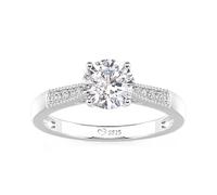 Jeulia Women's Sterling Silver Ring:Classic Round Cut Cubic Zirconia,Yellow Gold Plated Promise Engagement Solitaire Ring,Halo Diamond,Eternity Band for Wife Her With Jewellery Giftbox (Silver-2, O-½)