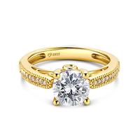 Jeulia Women's Sterling Silver Ring:Classic Round Cut Cubic Zirconia,Yellow Gold Plated Promise Engagement Solitaire Ring,Halo Diamond,Eternity Band for Wife Her With Jewellery Giftbox