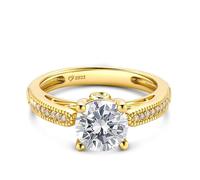 Jeulia Women's Sterling Silver Ring:Classic Round Cut Cubic Zirconia,Yellow Gold Plated Promise Engagement Solitaire Ring,Halo Diamond,Eternity Band for Wife Her With Jewellery Giftbox