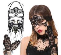 JeVenis 3 PCS Sexy Lace Mask Gothic Choker Necklace Gloves Masquerade Mask For Women Venetian Mask Prom Carnival Party Mask