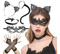 JeVenis 6 PCS Sexy Cat Lace Mask Gothic Cat Choker Lace Cat Ears Headband Masquerade Mask For Women Venetian Prom Carnival Party
