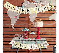 JeVenis Adventure Awaits Banner Bon Voyage Travel Theme Banner World Map Travel Themed Baby Shower Vintage Atlas Map for Bridal Shower Graduation Party Moving Party