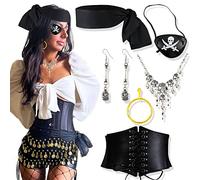 JeVenis Black Pirate Costume Accessories Set Pirate Headband Wrap Eye Patch Earring Necklace Waist Belt Captain Costume Carnival Music Festival Outfit