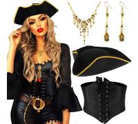JeVenis Black Pirate Hat Pirate Captain Costume Accessories Set Headband Wrap Skull Necklace Waist Belt Halloween Captain Costume Carnival Music Festival Outfit