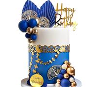 JeVenis Blue and Gold Cake Balls Palm Leaf Cake Toppers Blue Happy Birthday Cake Topper Golden Cake Balls for Birthday Wedding Anniversary