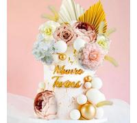 JeVenis Boho Flower Cake Decorations Gold Palm Bouquet Cake Topper Gold Balls Dried Flowers Rose Cake Decorations Dried Flowers for Cakes Birthday Wedding