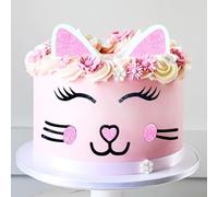 JeVenis Cat Cake Topper Cat Ears Eyelashes Cake Set Cake Decorations for Cat Themed Birthday Party Cute Meow Birthday Party