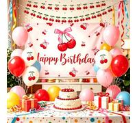 JeVenis Cherry Birthday Backdrop Banner She's The Cherry on Top Balloons
