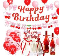 JeVenis Cherry Birthday Backdrop Banner She's The Cherry on Top Balloons Bow Theme Decorations Bow Birthday Party Props