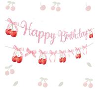 JeVenis Cherry Birthday Banner Decoration Red Bows Balloons Cherry Birthday Cake Topper She is the Cherry on the Cake Party Decoration Birthday Props
