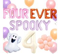 JeVenis Groovy Halloween Four Ever Spooky Birthday Decors with Groovy Hippie Cake Cupcake Toppers Four Ever Spooky Backdrop Banner for 4th Birthday Party
