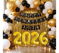 JeVenis Happy New Year Banner Cheers to 2026 Balloons Backdrop Happy New Year Garland Flag New Year Eve Sign Party Supplies Gold Curtain