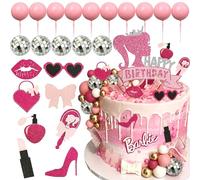 JeVenis Hot Pink Girl Birthday Cake Decoration Pink Girls Birthday Decoration Pink Balls Palm Leaves Heels Lipstick Bags Cake Topper for Bridal Shower Baby Shower