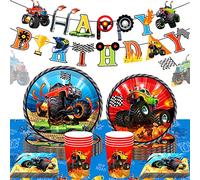 JeVenis Monster Trucks Birthday Decoration Monster Trucks Party Supplies Monster Trucks Party Plates and Napkins Monster Trucks Tablecloth Monster Trucks Birthday Banner