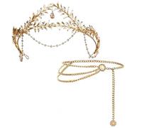 JeVenis Pack of 2 Gr oddess Costume Wedding Bridal Jewellery Upper Bangle Earrings Laurel Wreath Bracelet Hair Clip Wedding Boho Leaf Hair Crown Accessories Girls Women