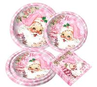 JeVenis Pink Christmas Tableware Christmas Paper Plates Xmas Santa Snowflake Dinnerware Paper Plates Napkins Xmas Party Decorations Serves 20