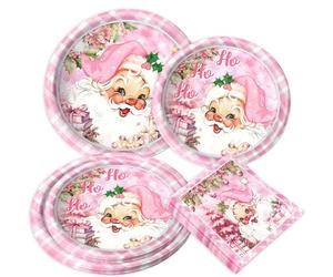 JeVenis Pink Christmas Tableware Christmas Paper Plates Xmas Santa Snowflake Dinnerware Paper Plates Napkins Xmas Party Decorations Serves 20