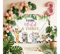 JeVenis Pink Safari 3rd Birthday Decorations Young Wild and Three Backdrop Sage Green Pink Balloon Animal Number 3 Balloons for Jungle 3rd Birthday