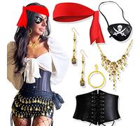 JeVenis Pirate Costume Accessories Set Pirate Headband Wrap Eye Patch Earring Necklace Waist Belt Captain Costume Carnival Music Festival Outfit