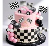 JeVenis Race Car Cake Decorations Car Cake Topper Checkered Flag Cake Topper Growing Up Two Fast Birthday Decor Fast One Fast Three Need Four Speed Birthday Decorations