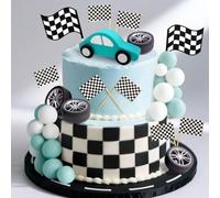 JeVenis Race Car Cake Decorations Car Cake Topper Checkered Flag Cake Topper Growing Up Two Fast Birthday DecorFast One Fast Three Need Four Speed Birthday Decorations