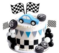 JeVenis Race Car Cake Decorations Car Cake Topper Checkered Flag Cake Topper Growing Up Two Fast Birthday Decor Fast One Fast Three Need Four Speed Birthday Decorations