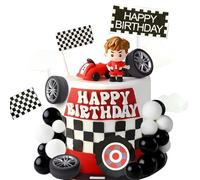 JeVenis Race Car Cake Decorations Car Cake Topper Checkered Flag Cake Topper Growing Up Two Fast Birthday Decor Fast One Fast Three Need Four Speed Birthday Decorations