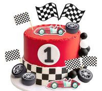 JeVenis Race Car Cake Decorations Car Cake Topper Checkered Flag Cake Topper Growing Up Two Fast Birthday DecorFast One Fast Three Need Four Speed Birthday Decorations