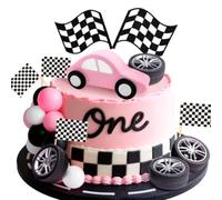 JeVenis Race Car Cake Decorations Car Cake Topper Checkered Flag Cake Topper Growing Up Two Fast Birthday Decor Fast One Fast Three Need Four Speed Birthday Decorations