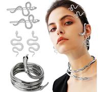 JeVenis Silver Medusa Necklace Hair Clip Earring Snake Ear Cuff | Snake Ear Cuff Medusa Party Accessories Snake Accessories