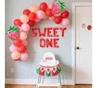 JeVenis Strawberry First Birthday Decorations Sweet One Banner Strawberry Balloons Summer Fruit Birthday Party Supplies
