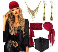 JeVenis Vintage Pirate Costume Accessories Set Pirate Headband Wrap Skull Necklace Waist Belt Captain Costume Carnival Music Festival Outfit
