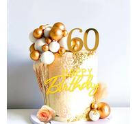 JeVenis White Gold Happy 60th Birthday Cake Topper with Balls and Sign for Party Supplies