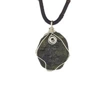 JEVLUH Raw Moldavite Crystal Necklace,Silver Wrapped Certified Moldavite Czech Meteorite Stone,Green Glass,Irregular Shape