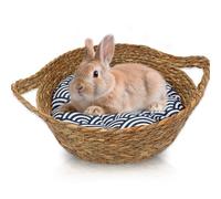 Jevnd Large Grass Bunny Bed for Large Rabbits with Warm Cushion, 2 in 1 Natural Woven Rabbit Bed Big Indoor for Play, Sleep & Claw Grinding, Cozy Small Animal Beds for Chinchilla Squirrel