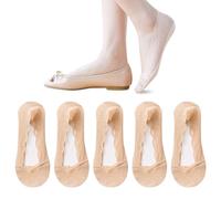 JEVRKAPZ 5 Pairs Low Cut Lace Ice Silk Socks - Thin, No Show, Non-Skid Boat Socks - Flat Invisible for Women Girls, Beige, One Size