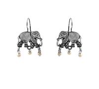 Jewar Earrings Vintage Style Silver Oxidized Elephant and Peacock Drop Earrings with Pearl Beads, Ethnic & Antique Style Textured Pattern Dangle Design Jewelry