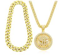 Jewdreamer 2 Pcs Gold Dollar Chains Necklaces, Money Pendant Chain Hip Hop Dollar Sign Necklace Jewelry Rapper Costume Halloween Accessory for Men Women Dress Up Party, L, Zinc, Cubic Zirconia