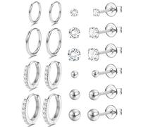JeweBella 10 Pairs Classical Hypoallergenic Stud Hoop Earrings Set for Women Men Small Silver/Gold Surgical Steel Earrings Zirconia Ball Tragus Cartilage Earrings Set for Multiple Piercings
