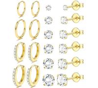 JeweBella 10 Pairs Classical Hypoallergenic Stud Hoop Earrings Set for Women Men Small Silver/Gold Surgical Steel Earrings Zirconia Ball Tragus Cartilage Earrings Set for Multiple Piercings