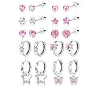 JeweBella 10Pairs Earrings for Women Girls Silver Stud Hoop Earrings Set Cute Surgical Steel Hypoallergenic Earrings Pink Heart Butterfly Flower Pearl Screw Back Earrings for Kids Sleeper Earrings