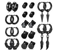 JeweBella 11 Pairs Stainless Steel Black Earrings Set for Men Boys Hypoallergenic Punk Gothic Black Stud Earrings Feather Hoop Earrings Dangle Cool Stud Earrings Set