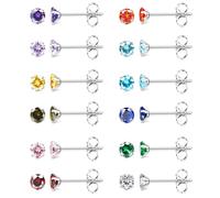 JeweBella 12 Pairs Coloured Silver Stud Earrings for Women Surgical Steel