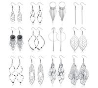 JeweBella 12 Pairs Drop Dangle Earrings Set for Women Girls Boho Earrings Dangling Hypoallergenic Silver Tassel Earrings Wave Leaf Long Bar Statement Dangly Earrings for Women Set