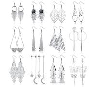 JeweBella 12 Pairs Drop Dangle Earrings Set for Women Girls Boho Earrings for Women Dangling Hypoallergenic Silver Tassel Earring Wave Leaf Long Bar Statement Dangly Earrings