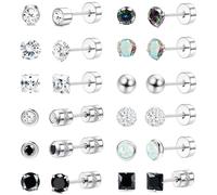 JeweBella 12 Pairs Surgical Steel Stud Earrings for Women Men Hypoallergenic Silver Flat Back Earrings Zirconia Sleeper Helix Tragus Cartilage Earrings Set for Ear Piercing Studs