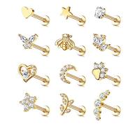 JeweBella 12 Pcs 16G Helix Piercing Jewellery Tragus Earrings Labret Studs